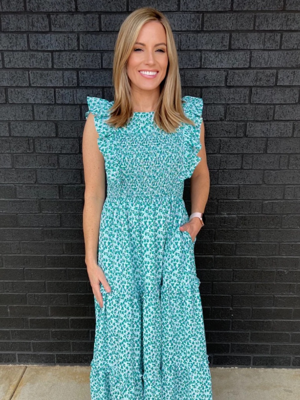 Nursing Queen Aqua Floral Maxi Dress with Ruffle Shoulders
